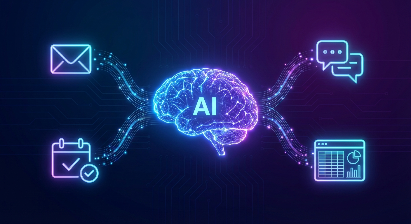 AI system connected to multiple business tools with data flowing between them