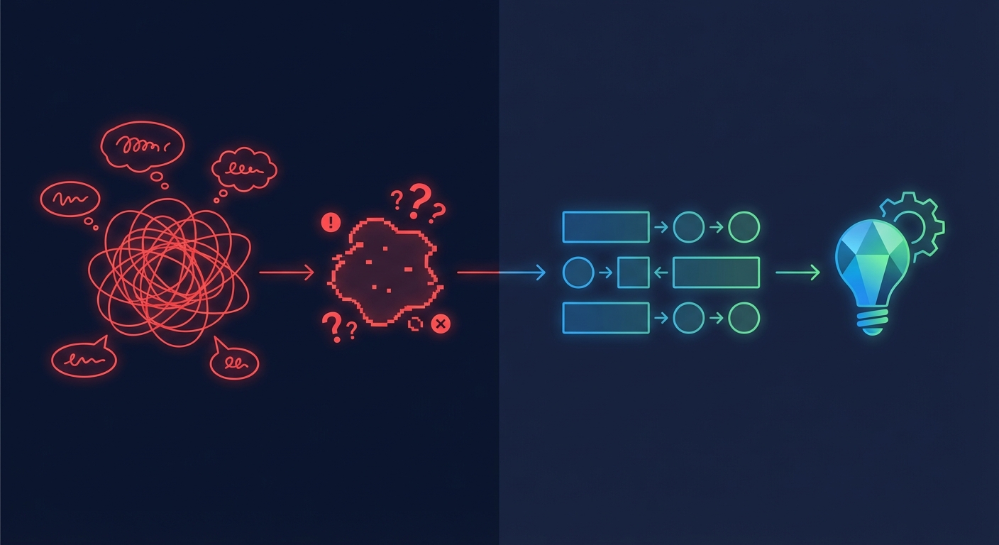 Comparison of messy manual prompts versus structured automated workflows