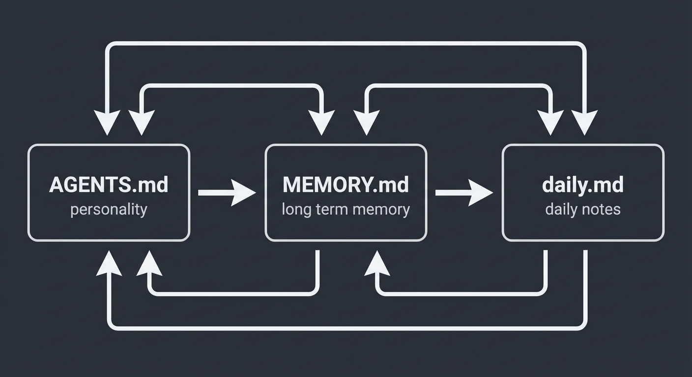 Diagram showing AGENTS.md for personality connected to MEMORY.md for long-term memory connected to daily.md for daily notes with arrows showing data flow