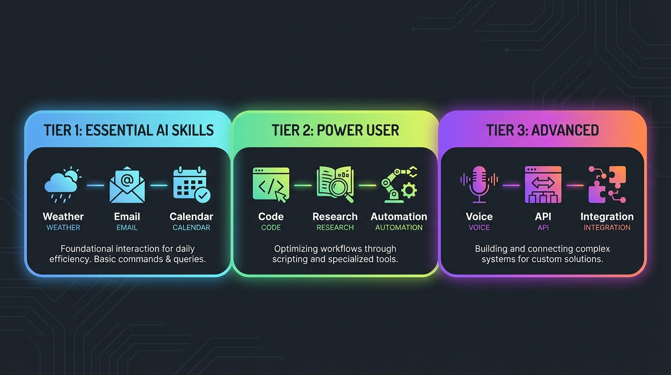 Infographic showing three tiers of AI skills - Tier 1 Essential, Tier 2 Power User, and Tier 3 Advanced with skill names in each category
