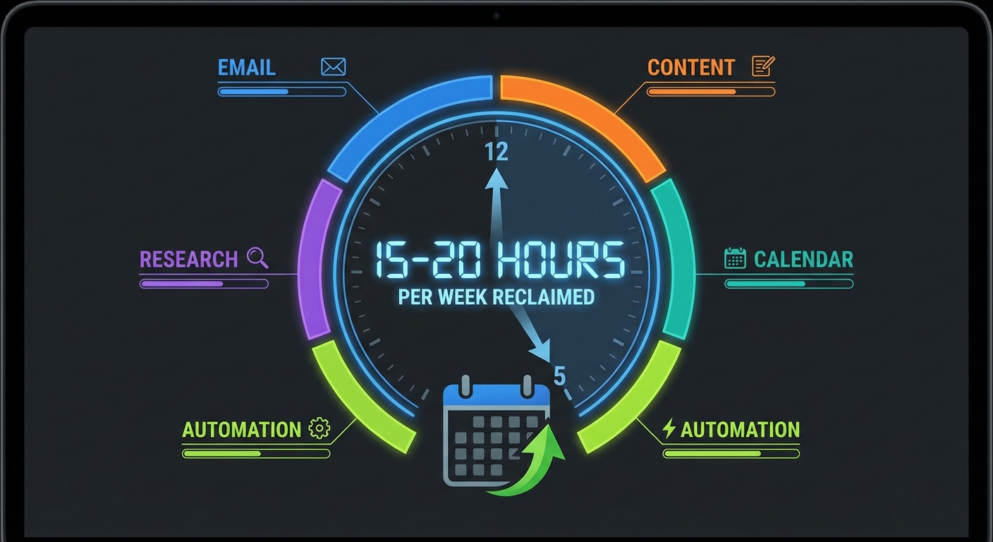 Clock graphic showing 15 to 20 hours per week reclaimed across task categories including email, research, content, calendar, and automation