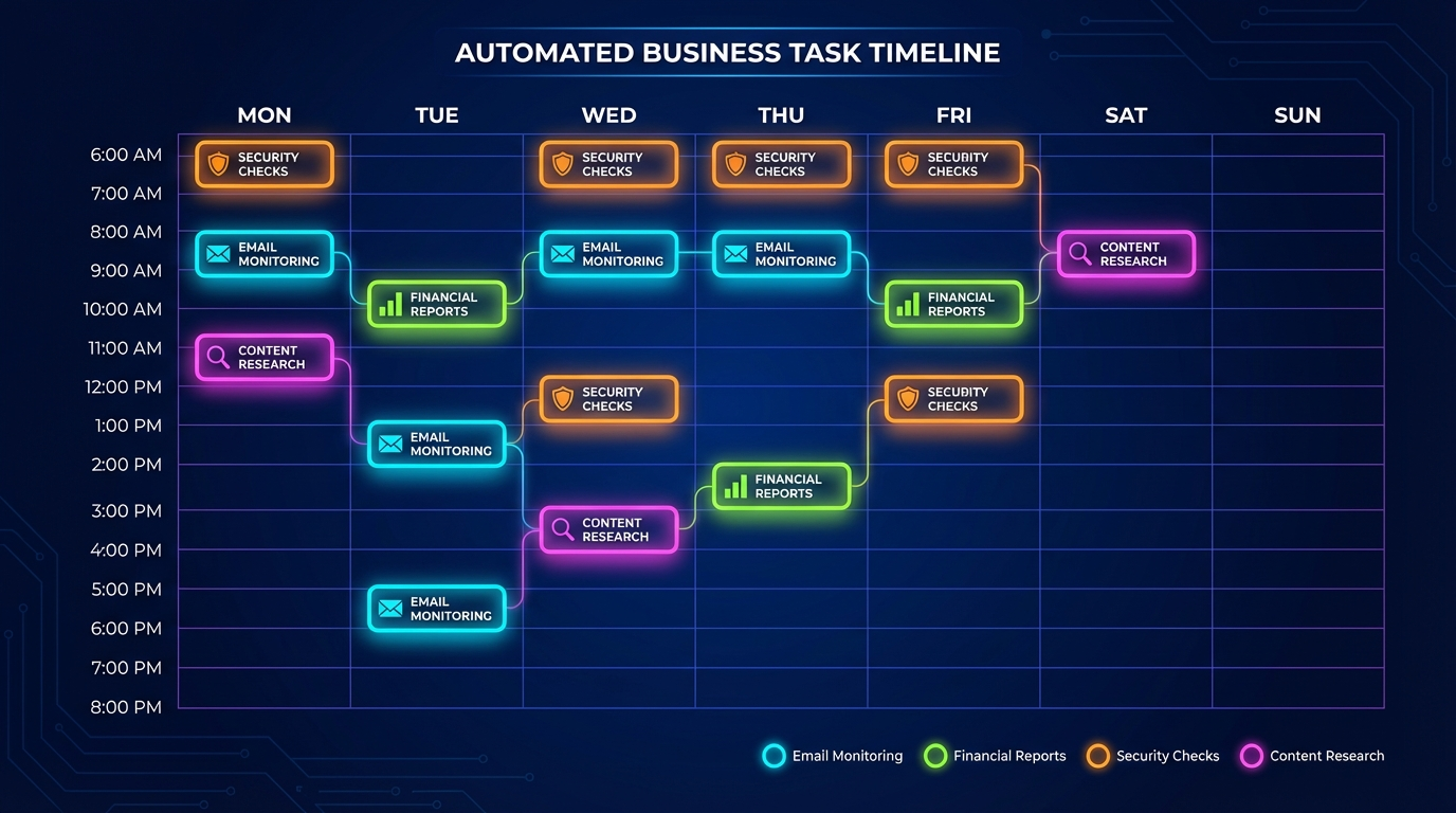 Weekly cron job schedule showing automated business tasks organized by day and frequency