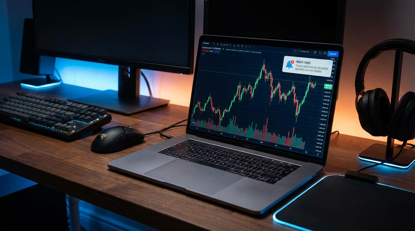 Crypto price chart on screen with automated monitoring alerts