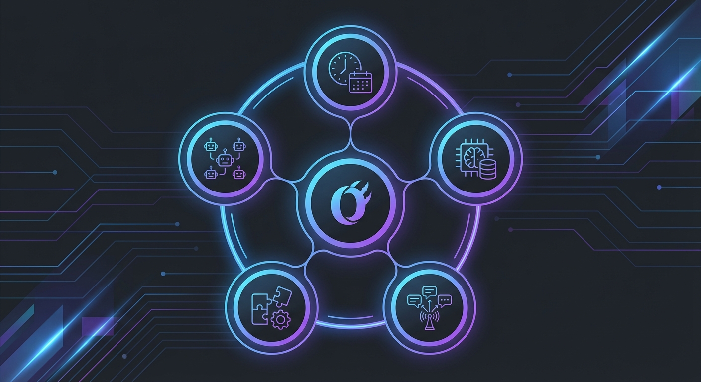 OpenClaw features diagram showing cron jobs, memory, messaging, skills, and sub-agents