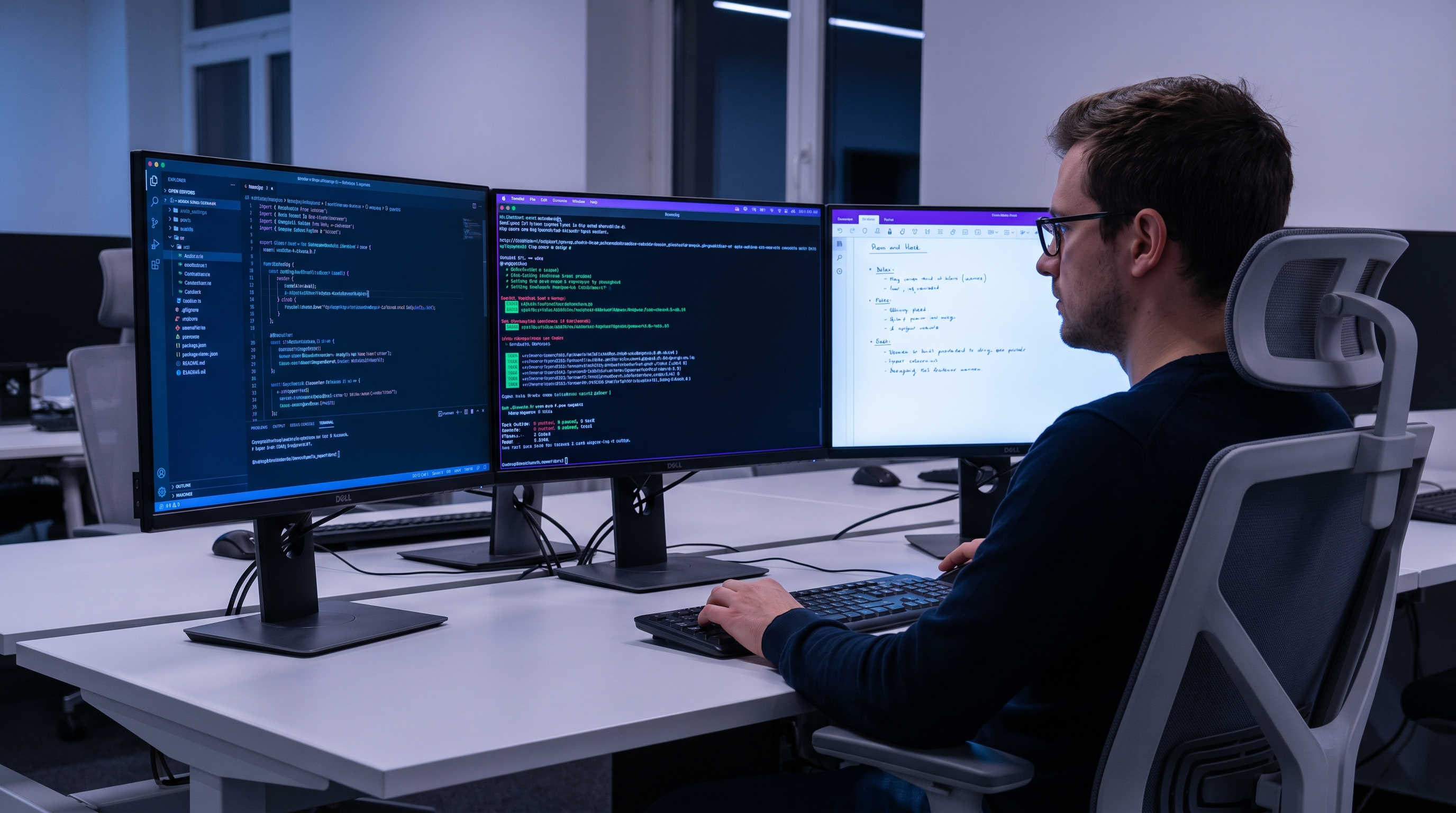 Developer comparing AI review findings with tests and manual notes