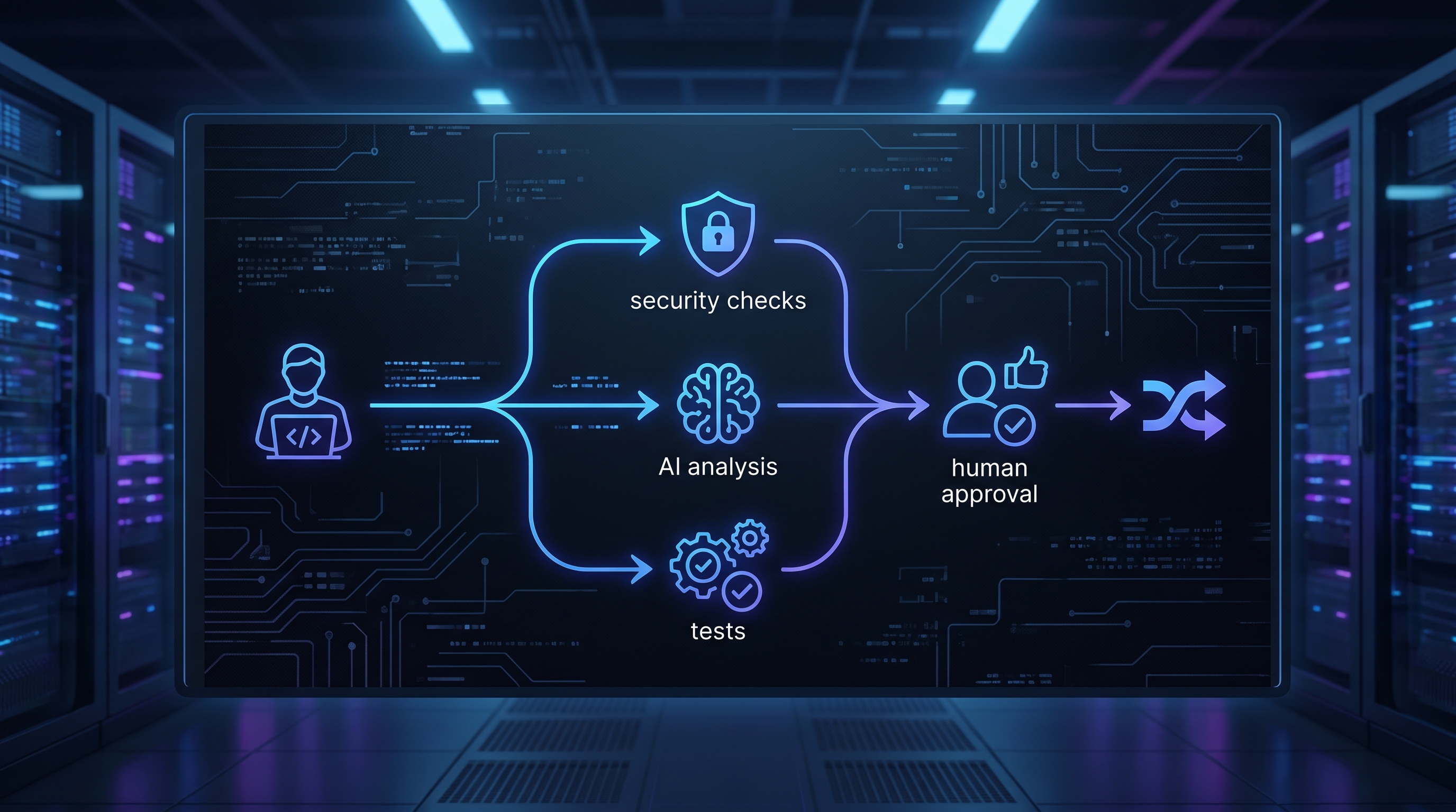 Workflow for AI code review with human approval tests and security checks