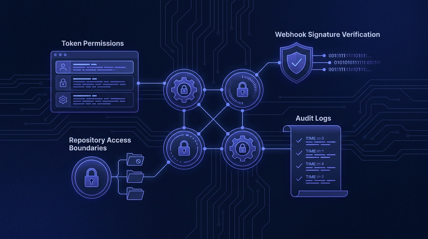 GitHub integration security dashboard with token permissions and webhook verification