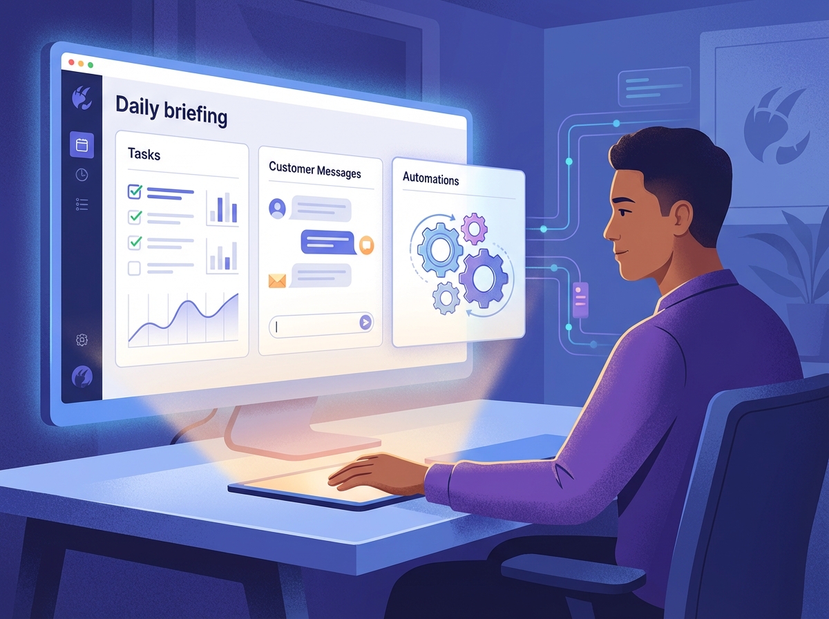 Solopreneur reviewing a daily briefing in OpenClaw