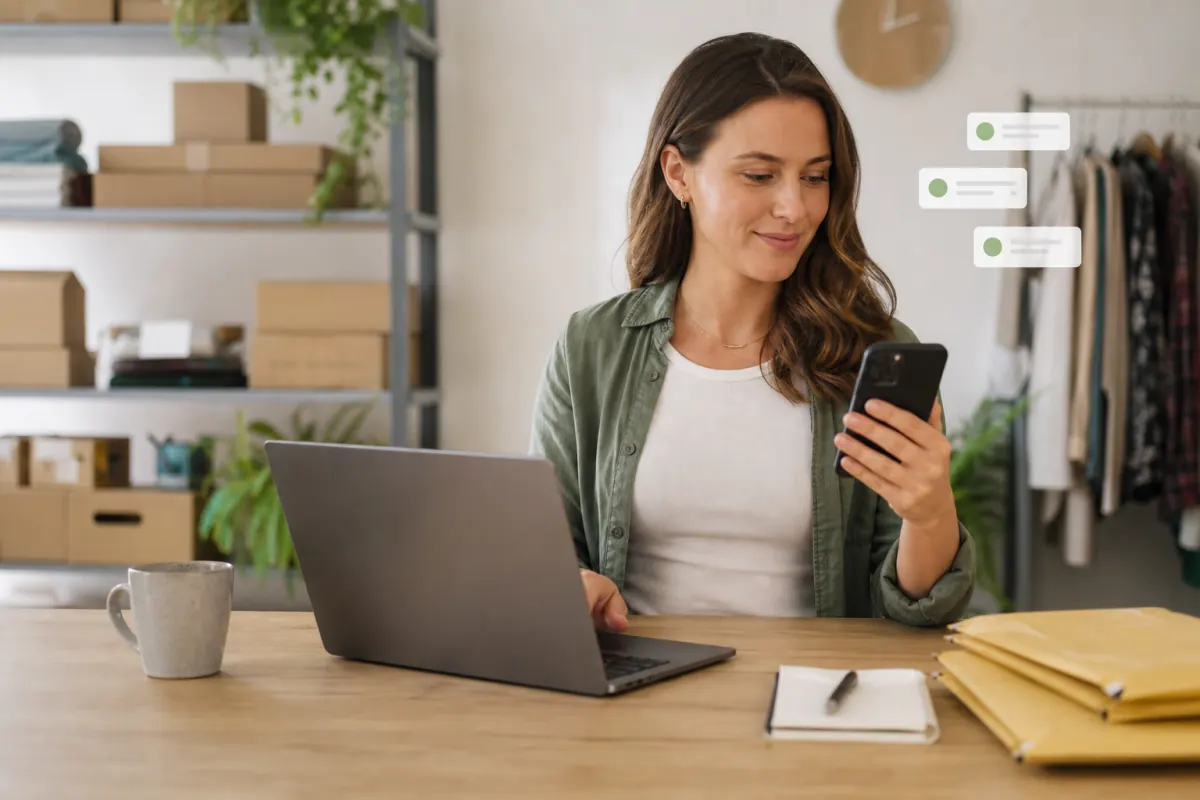 Business owner managing OpenClaw automations from a phone and laptop