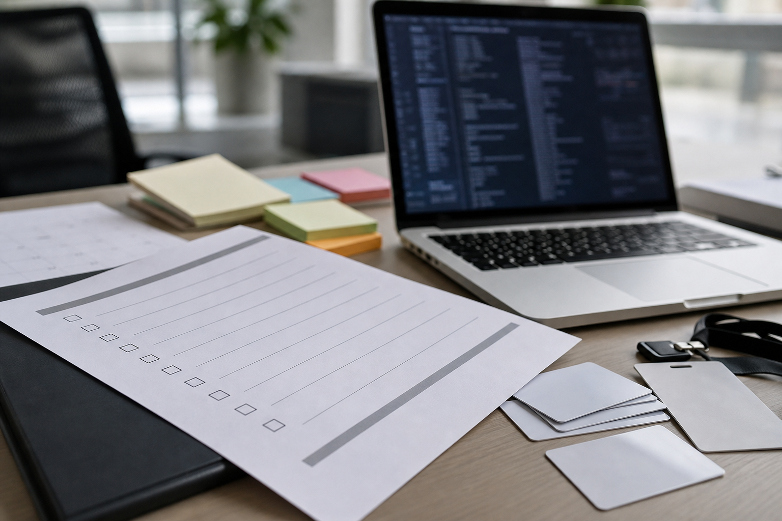 AI agent setup checklist on a desk beside a laptop and security key